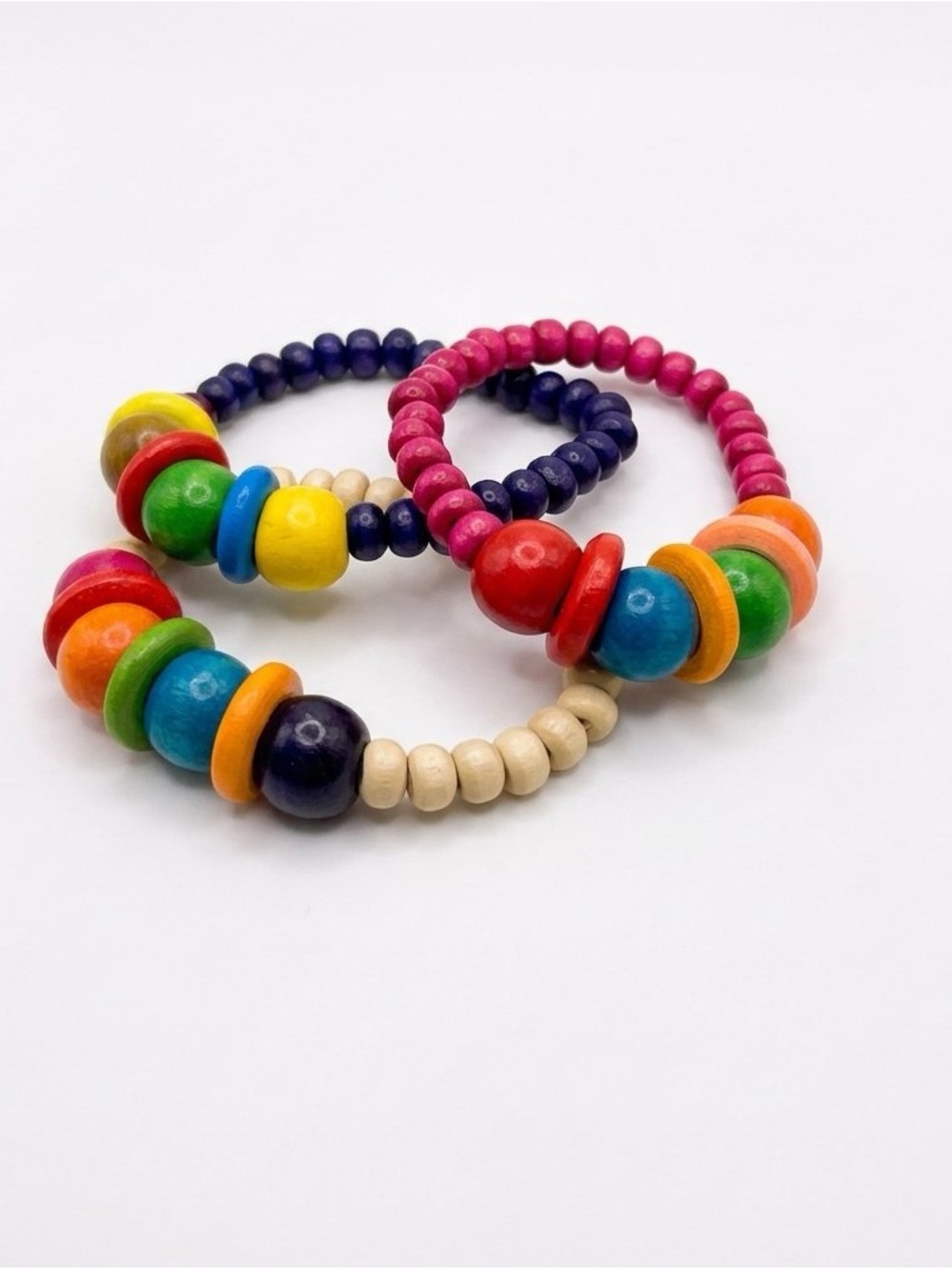 NEW Set of 3 Colorful Wooden Bead Stretch Bracelets โ Girls Kids